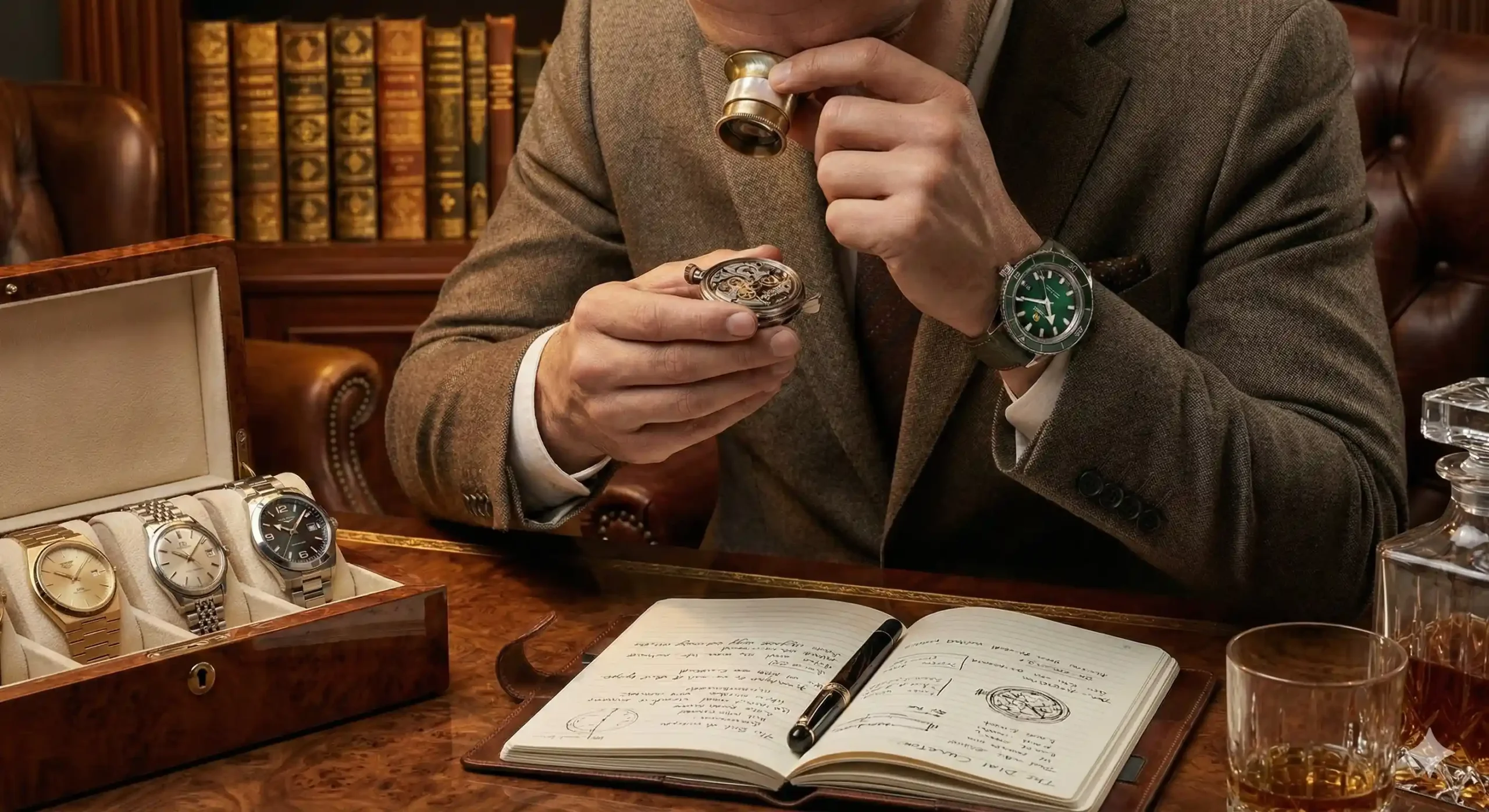 The shot is framed from the chest down, focusing on a gentleman’s hands. He is wearing a tailored charcoal grey suit with a subtle textured cuff and a luxury watch