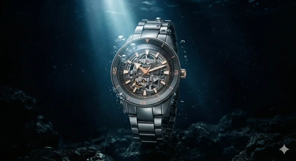 A dramatic, moody shot of the Rado Captain Cook High-Tech Ceramic Skeleton submerged in water, with bubbles clinging to the skeletonized dial