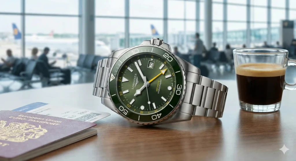 A sharp, professional shot of the Longines HydroConquest GMT (Green Dial) resting on a departure lounge table next to a passport and a double-espresso