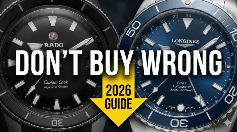 Extreme close-up of the Rado Captain Cook and Longines HydroConquest faces merging together