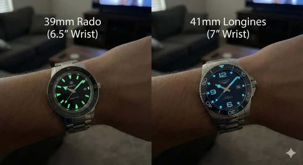 The 39mm Rado Captain Cook on a smaller (6.5 inch) wrist, showing the lack of overhang